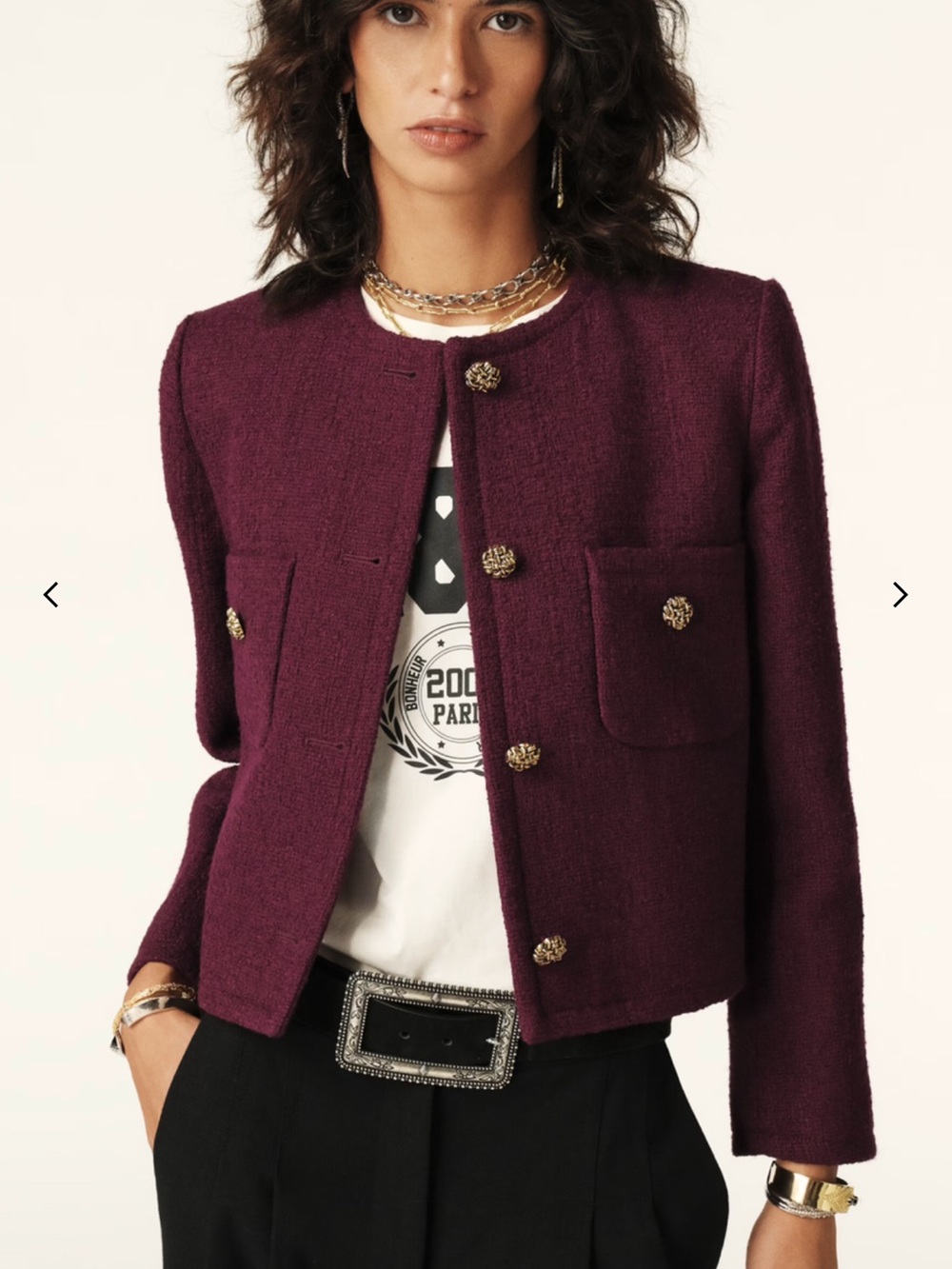 ba&sh Burgundy Cropped Tweed Meredith Jacket silver buttons NWT